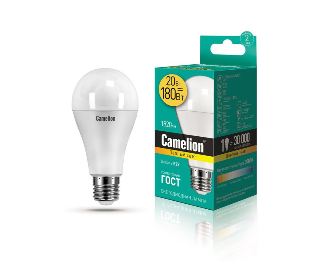 ლედ ნათურა Camelion Led Lamp LED20-A65/830/E27 20ვატი — ნათურა და ვაზნა